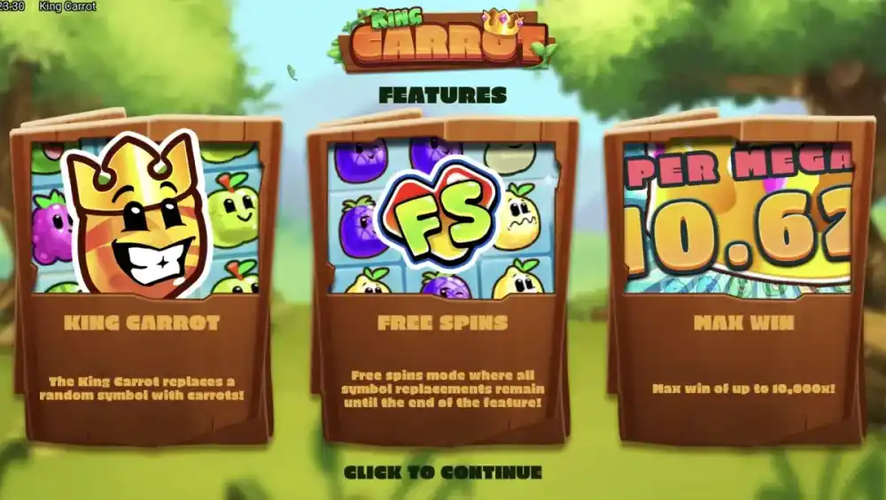 King Carrot Slot von Hacksaw Gaming — gekrönte Karotte und bunte Früchte auf dem 7x7 Grid