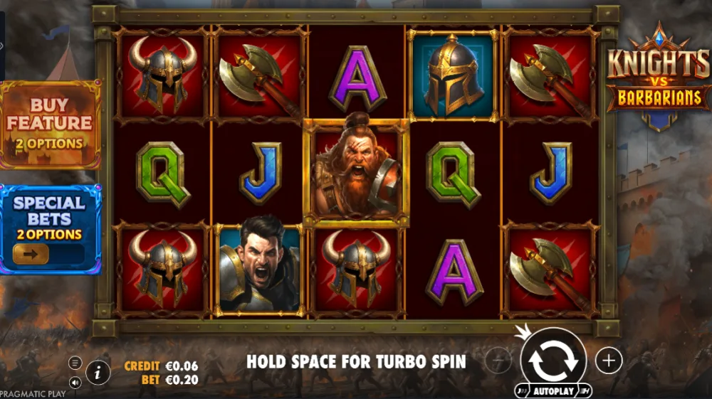 Knights vs Barbarians Slot von Pragmatic Play — Gameplay mit Battle Scatter auf dem Schlachtfeld