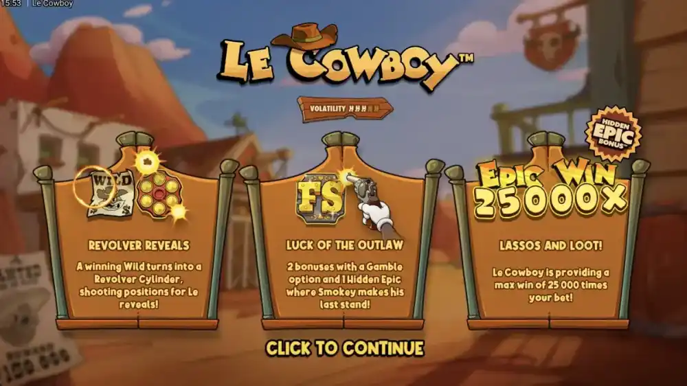 Le Cowboy Slot von Hacksaw Gaming — Western-Theme mit Revolver-Symbolen und Gold-Coins auf dem 6x5 Grid