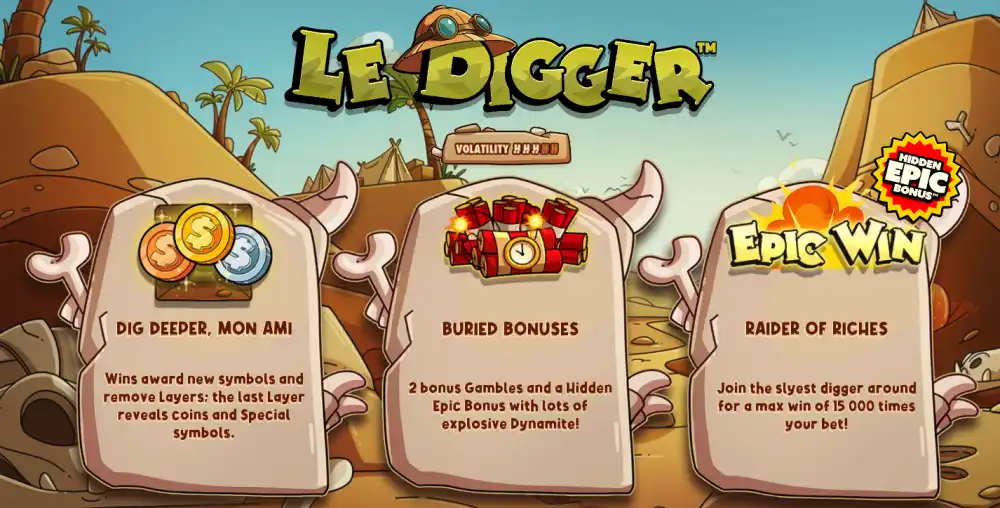 Pantalla inicial de Le Digger con el mapache minero sobre el grid de 6x5