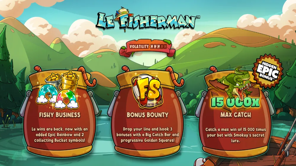 Le Fisherman Slot von Hacksaw Gaming — Smokey beim Eisangeln auf dem 6x6 Cluster Grid