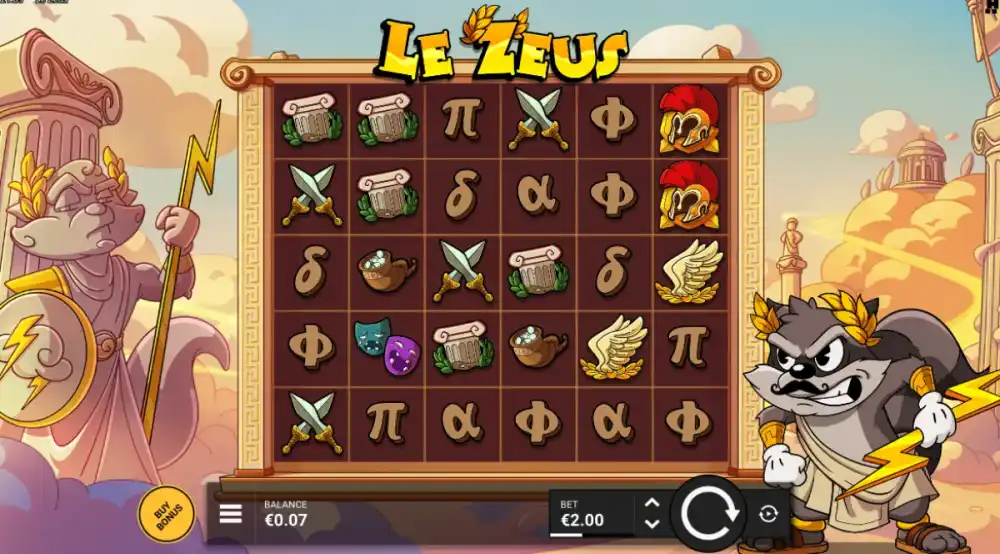 Le Zeus Slot von Hacksaw Gaming mit Mystery Symbolen auf dem griechischen Grid