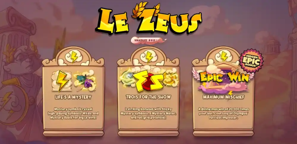 Le Zeus Slot von Hacksaw Gaming mit Smokey als Zeus auf dem griechischen Olymp