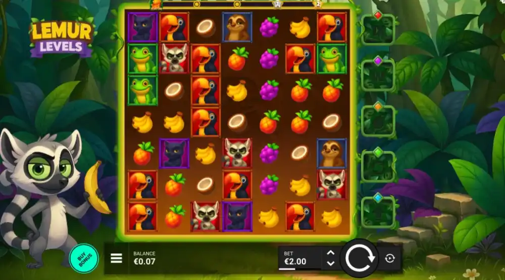 Lemur Levels Slot von Bullshark Games mit Cluster Gewinnen im Dschungel-Setting