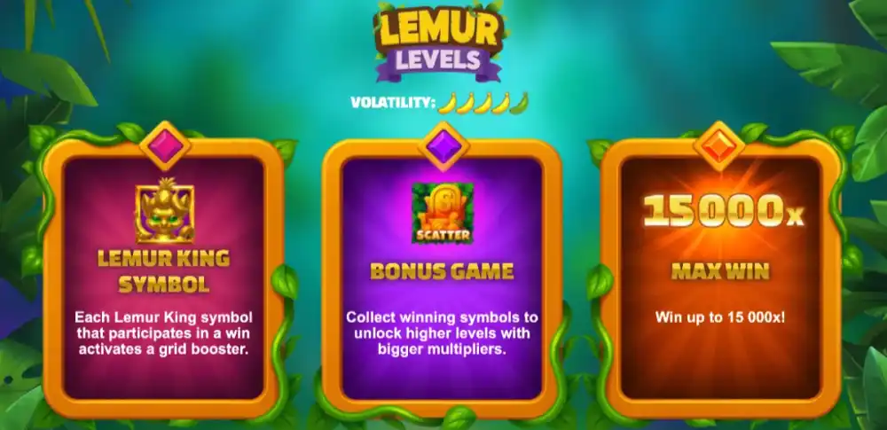 Lemur Levels Slot von Bullshark Games mit Lemur und Dschungel-Thema auf dem 7x7 Grid