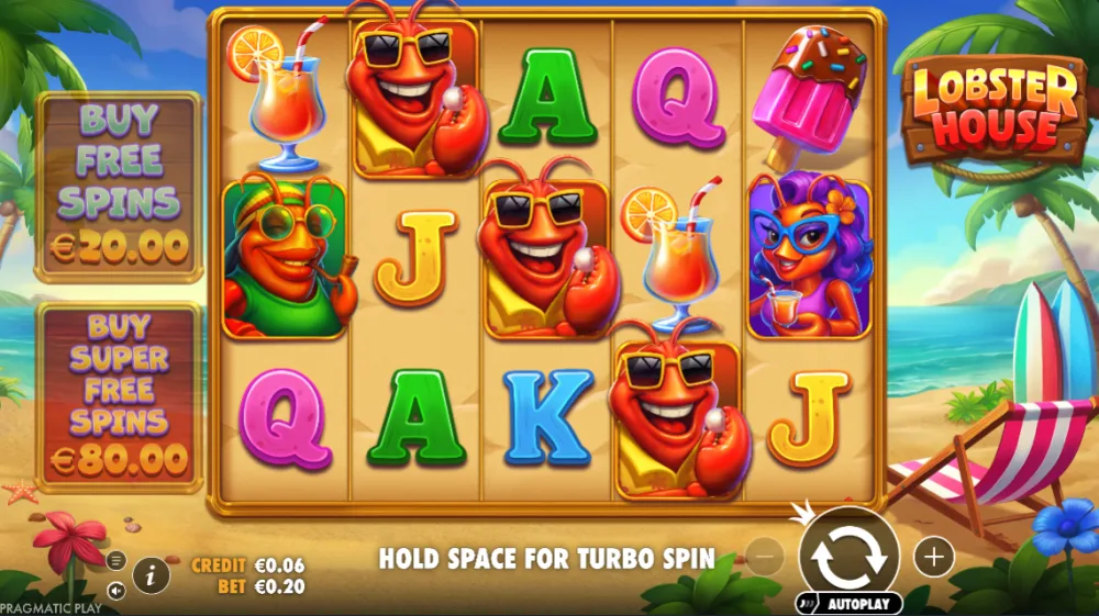 Lobster House Slot von Pragmatic Play — Gameplay mit Hummer-Symbolen am Strand
