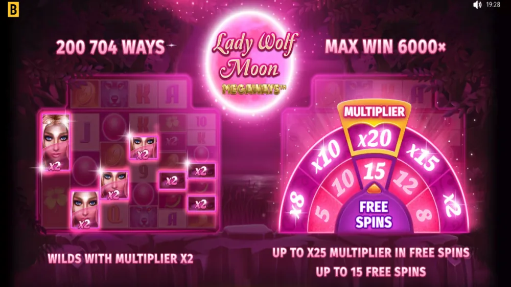 Lucky Lady Moon Megaways Slot von BGaming — Megaways-Grid mit Cascading Wins und Mond-Theme