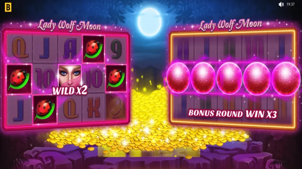 Lucky Lady Moon Slot von BGaming — mystisches Mondthema mit Kristallkugel und schwarzer Katze