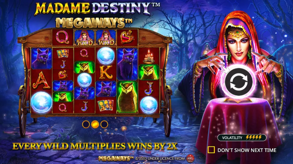 Madame Destiny Megaways Slot von Pragmatic Play — Wahrsagerin mit Megaways Grid und Multiplikator-Rad