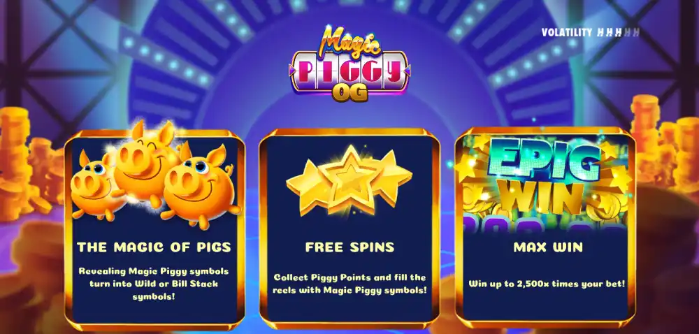 Pantalla inicial de Magic Piggy OG con el cerdito mágico sobre el grid de 5x3