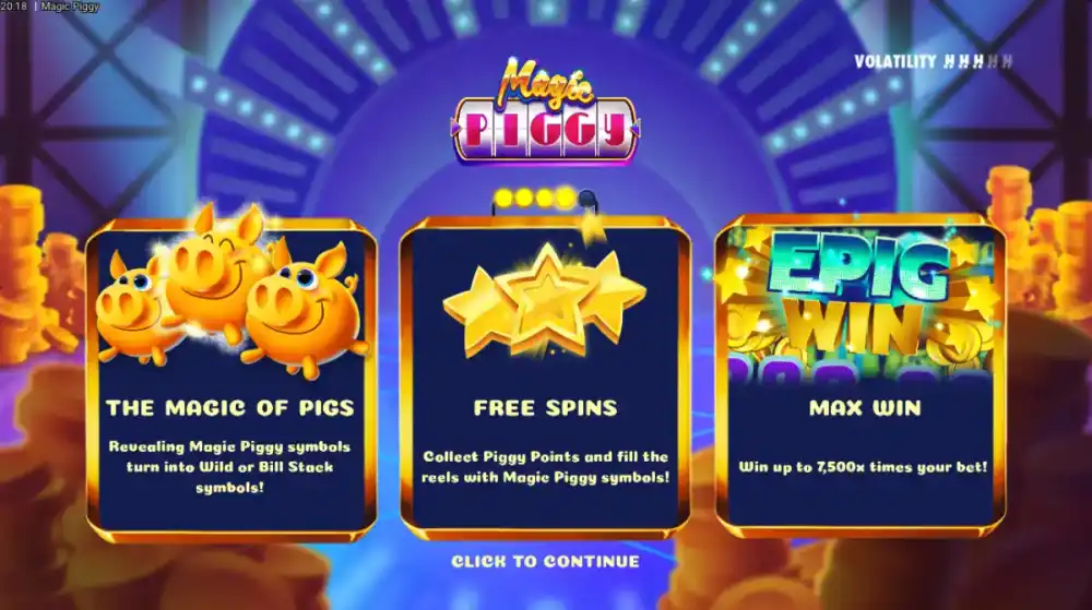 Magic Piggy Fantasy-Theme mit Zauberhut und Schweinchen-Symbolen auf dem 5x5 Grid