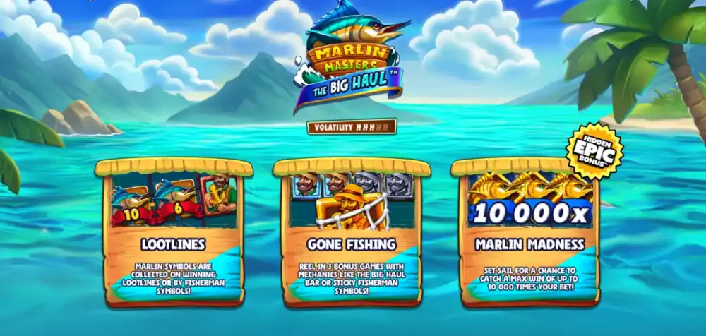 Marlin Masters The Big Haul Slot von Hacksaw Gaming mit tropischem Hintergrund