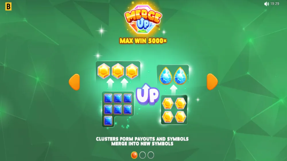 Merge Up Slot von BGaming — Gem-Symbole auf dem 6x6 Cluster-Pays-Grid