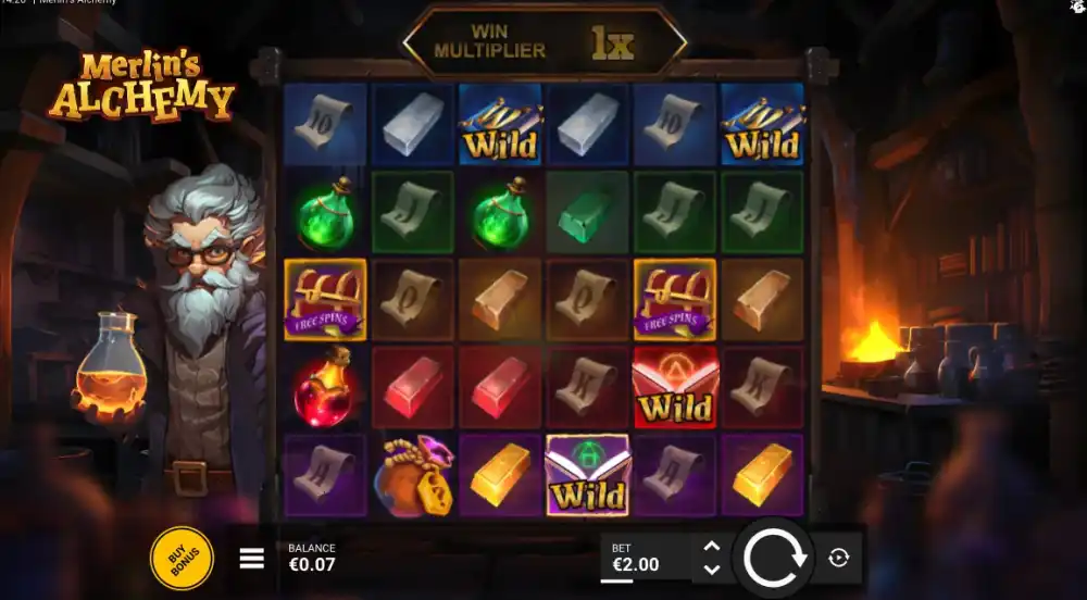 Merlins Alchemy Slot von Bullshark Games — Scatter Pays Gameplay mit Potion Symbolen