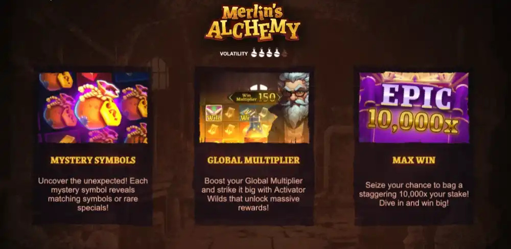 Merlins Alchemy Slot von Bullshark Games — Zaubertrank-Theme mit Scatter Pays auf dem 6x5 Grid