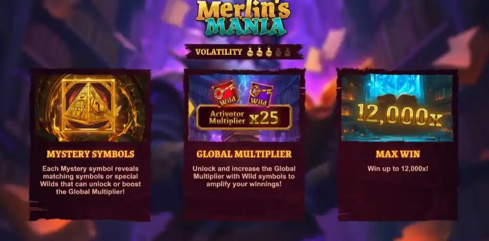 Merlins Mania Slot von Bullshark Games mit Mystery Symbols und Global Multiplier auf dem 6x5 Scatter-Pays-Grid