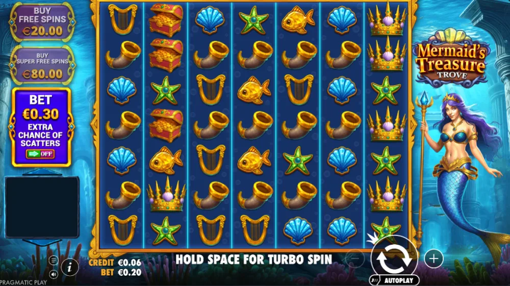 Mermaids Treasure Trove Slot von Pragmatic Play — Gameplay mit Cluster-Gewinnen auf dem 7x7 Grid
