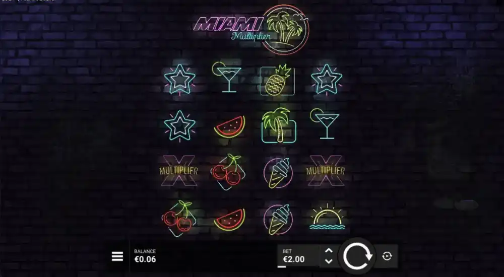Miami Multiplier Slot von Hacksaw Gaming — Neon-Gameplay auf dem 4x4 Grid