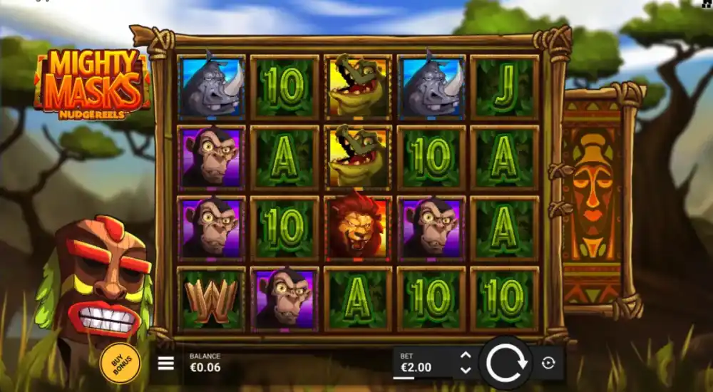 Mighty Masks Slot von Hacksaw Gaming — Spielansicht mit NudgeReels