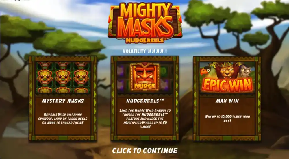 Mighty Masks Startbildschirm mit Serengeti-Landschaft und Stammesmasken auf dem 5x4 Grid