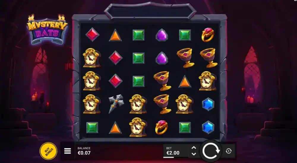 Mystery Bats Slot von Backseat Gaming — Scatter Pays Grid mit Fledermaus-Symbolen