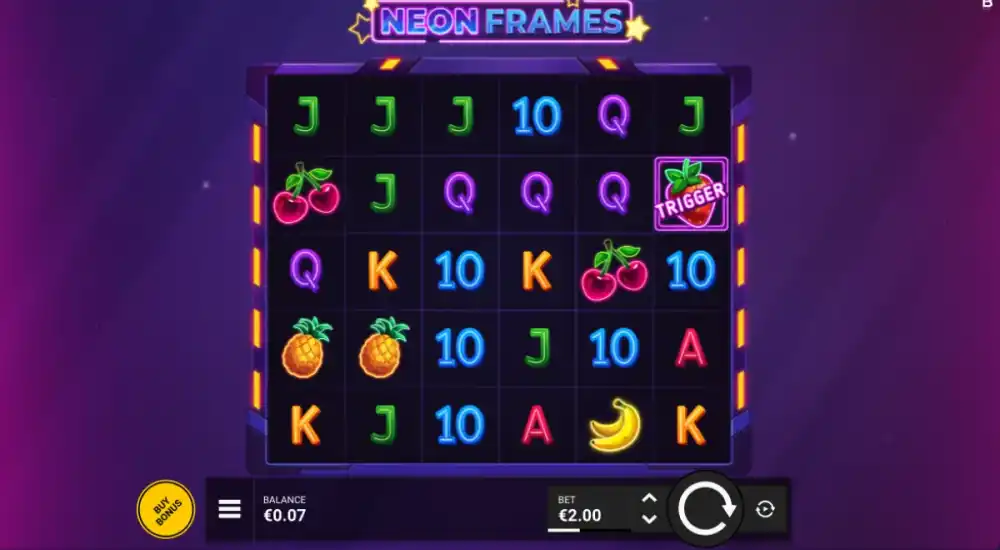 Neon Frames Slot von Backseat Gaming — leuchtende Cluster-Gewinne auf dunklem Grid