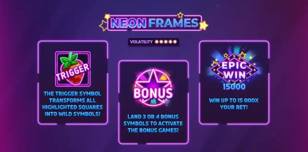 Neon Frames Slot von Backseat Gaming — Neon-Design mit leuchtenden Cluster-Gewinnen