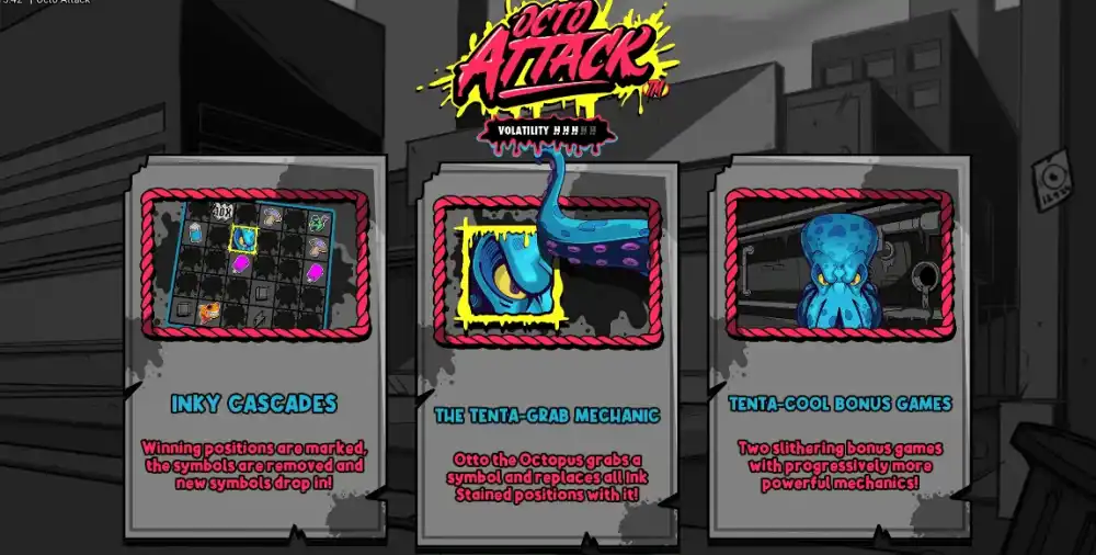 Octo Attack Slot von Hacksaw Gaming mit Oktopus Otto und Cluster-Pays-Mechanik auf dem 6x5 Grid