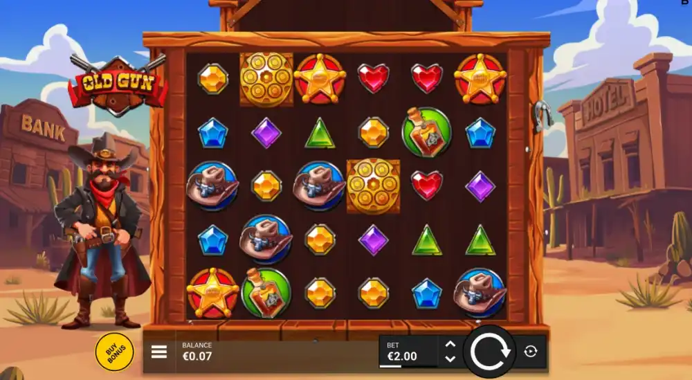 Old Gun Slot von Backseat Gaming — Western-Spielansicht mit Dynamite Symbolen