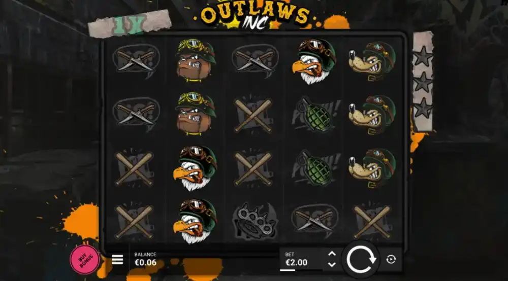 Outlaws Inc Slot von Hacksaw Gaming — Spielfläche mit Global Multiplier