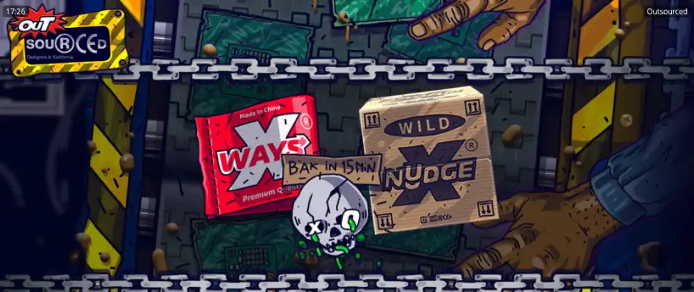 Outsourced Slot von Nolimit City — Fabrik-Setting mit xNudge Wilds auf dem 4x4 Grid