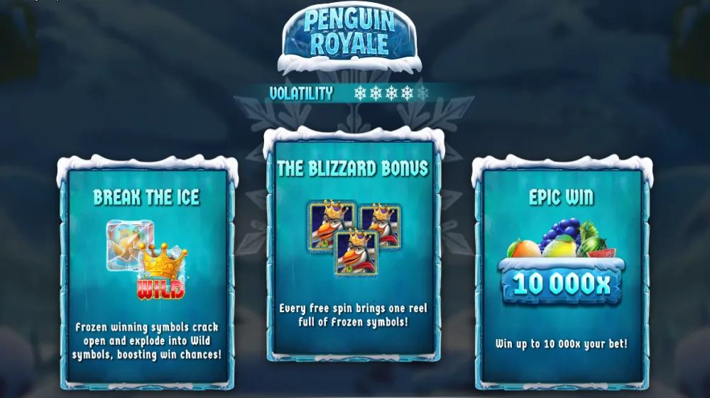 Penguin Royale Slot von Hacksaw Gaming — Eislandschaft mit Pinguinen und Cascading Reels