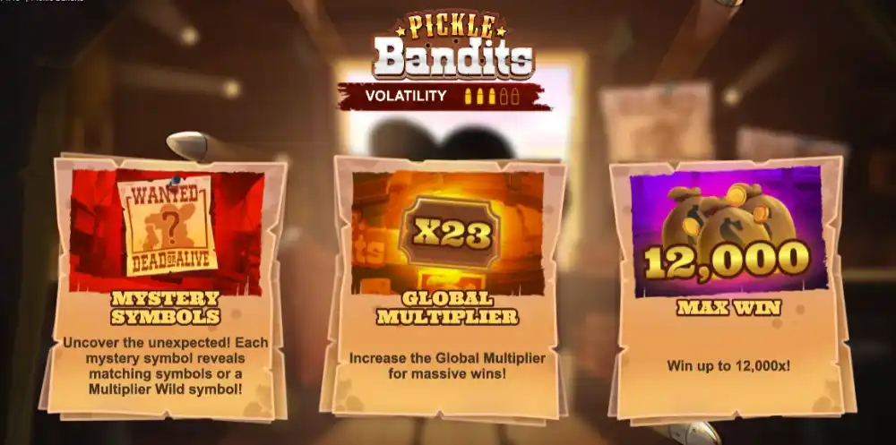 Pickle Bandits Slot von Bullshark Games mit Western-Setting und Gurken-Banditen auf dem 5x4 Grid