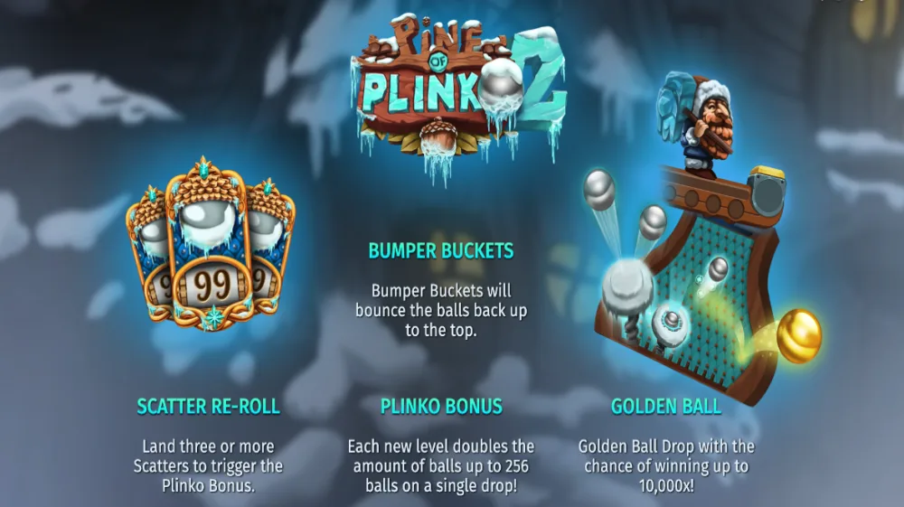 Pine of Plinko 2 Slot von Print Studios — Golden Balls und Bumper Buckets im winterlichen Plinko-Board