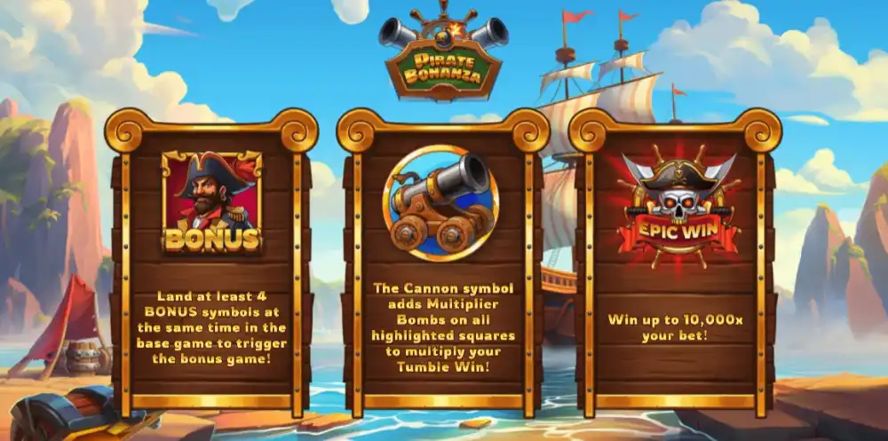Pirate Bonanza Slot von Backseat Gaming — Piraten-Theme mit Kanonen-Feature auf dem 6x5 Grid