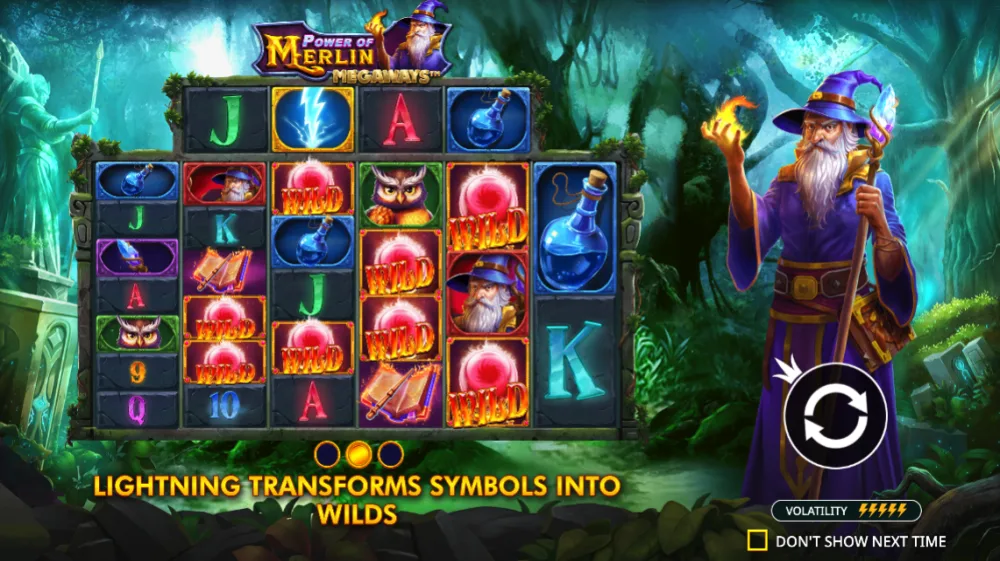 Power of Merlin Megaways Slot von Pragmatic Play — Megaways Grid im Zauberwald