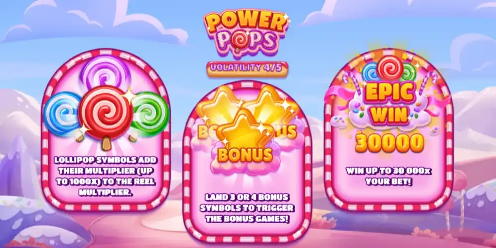 Power Pops Slot von Backseat Gaming — buntes Candy-Design mit Lollipop-Symbolen