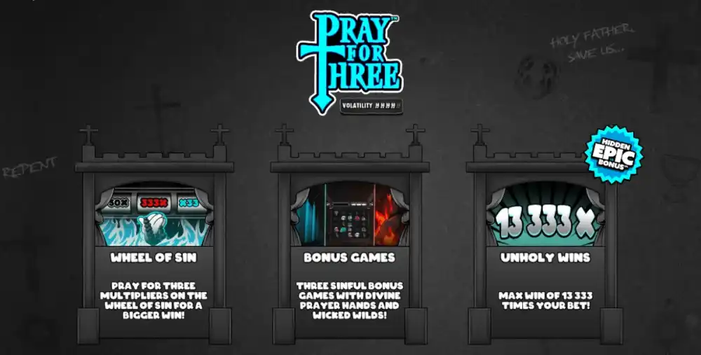 Pray for Three Slot von Hacksaw Gaming — dunkles 5x5 Grid mit Prayer Hands