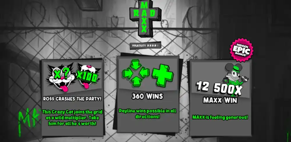 Rad Maxx Slot von Hacksaw Gaming — neongrünes 5x5 Grid mit Katzen-Charakteren