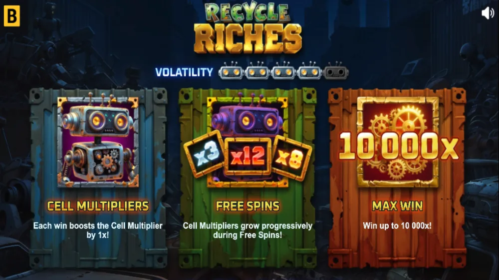 Recycle Riches Slot von BGaming — 6x6 Cluster Grid mit Tesla Coil Multiplikatoren auf dem Schrottplatz
