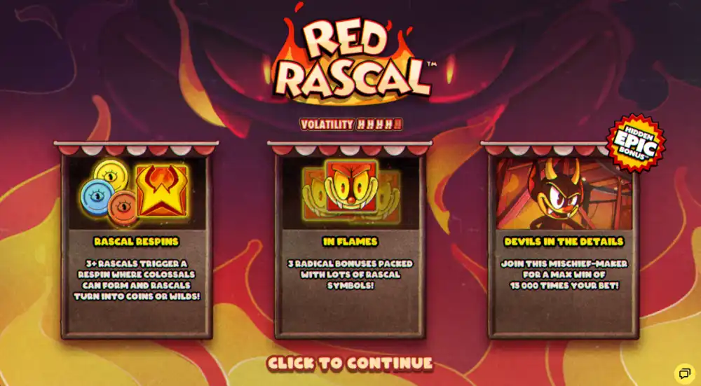 Pantalla inicial de Red Rascal con el granuja rojo sobre el grid de 5x5