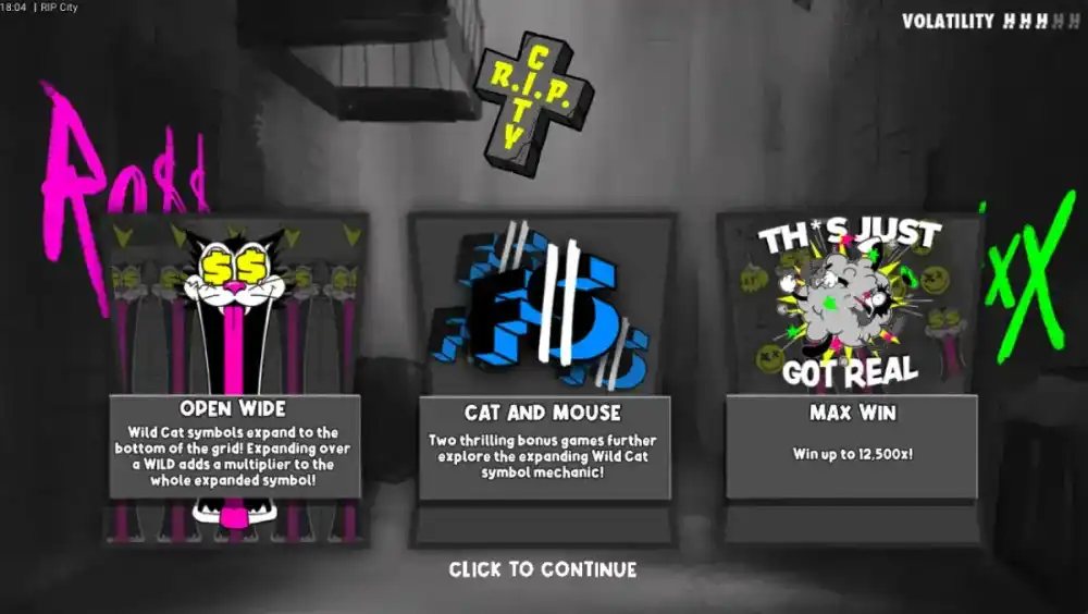 Rip City Cartoon-Katze und Maus in bunter Stadtkulisse auf dem 5x5 Slot-Grid