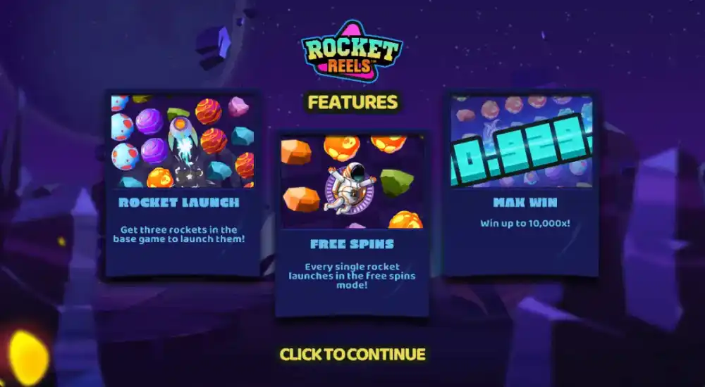 Rocket Reels 7x7 Cluster Grid mit Weltraum-Hintergrund und Raketen-Symbolen