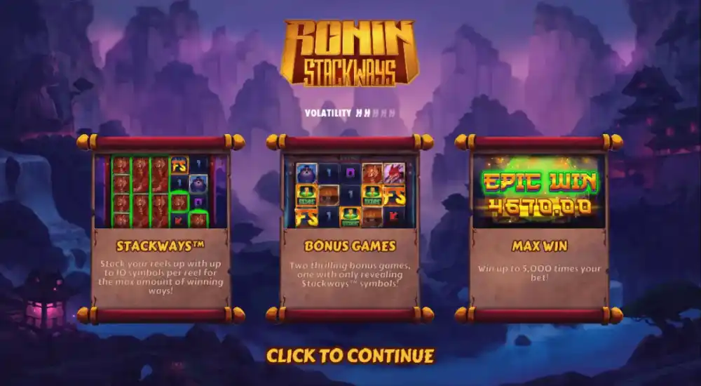 Ronin Stackways Slot von Hacksaw Gaming — Samurai-Grid mit expandierbaren Walzen im japanischen Bergtal