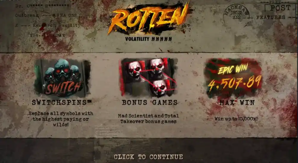 Rotten Slot Startbildschirm mit Zombie-Apokalypse-Theme auf 6x5 Grid