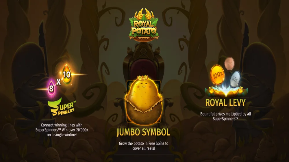Royal Potato Slot von Print Studios — SuperSpinners und Jumbo Wild auf dem 5x4 Grid mit Kartoffel-Theme