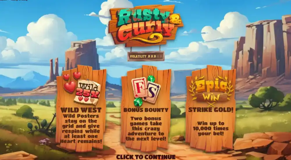 Rusty & Curly Western-Slot von Hacksaw Gaming mit Wanted-Poster-Ästhetik auf dem 5x4 Grid