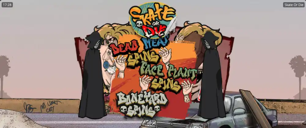 Skate or Die Slot von Nolimit City — Skatepark-Setting mit xNudge Wilds und Extra Sauce Row