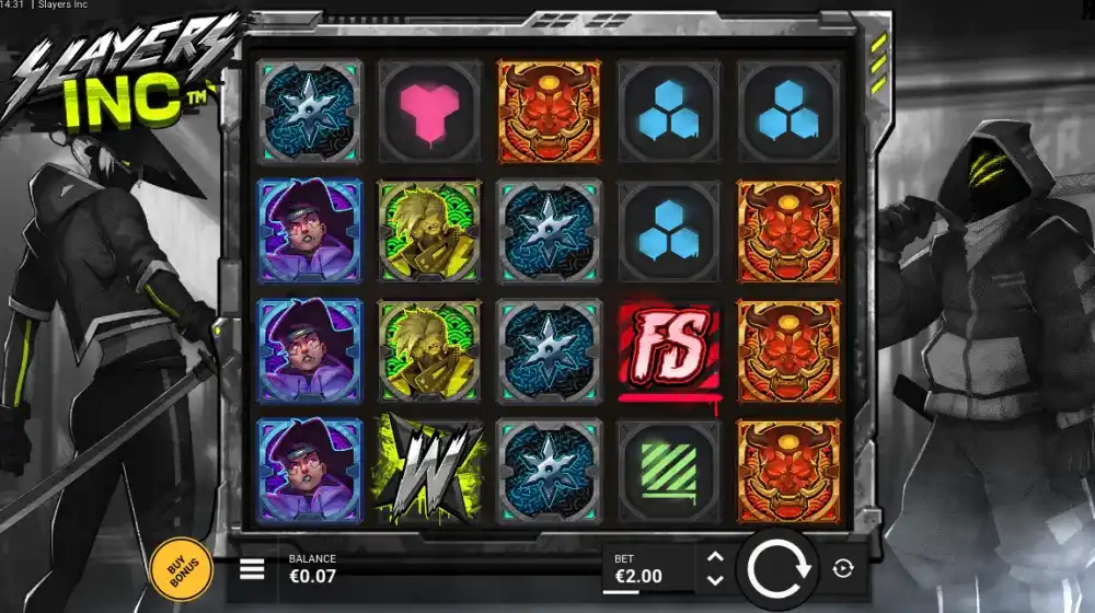 Slayers Inc Slot von Hacksaw Gaming — Spielansicht mit DuelReels