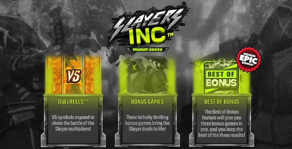 Slayers Inc Slot von Hacksaw Gaming mit Cyberpunk Samurai Theme und DuelReels Mechanik auf dem 5x4 Grid